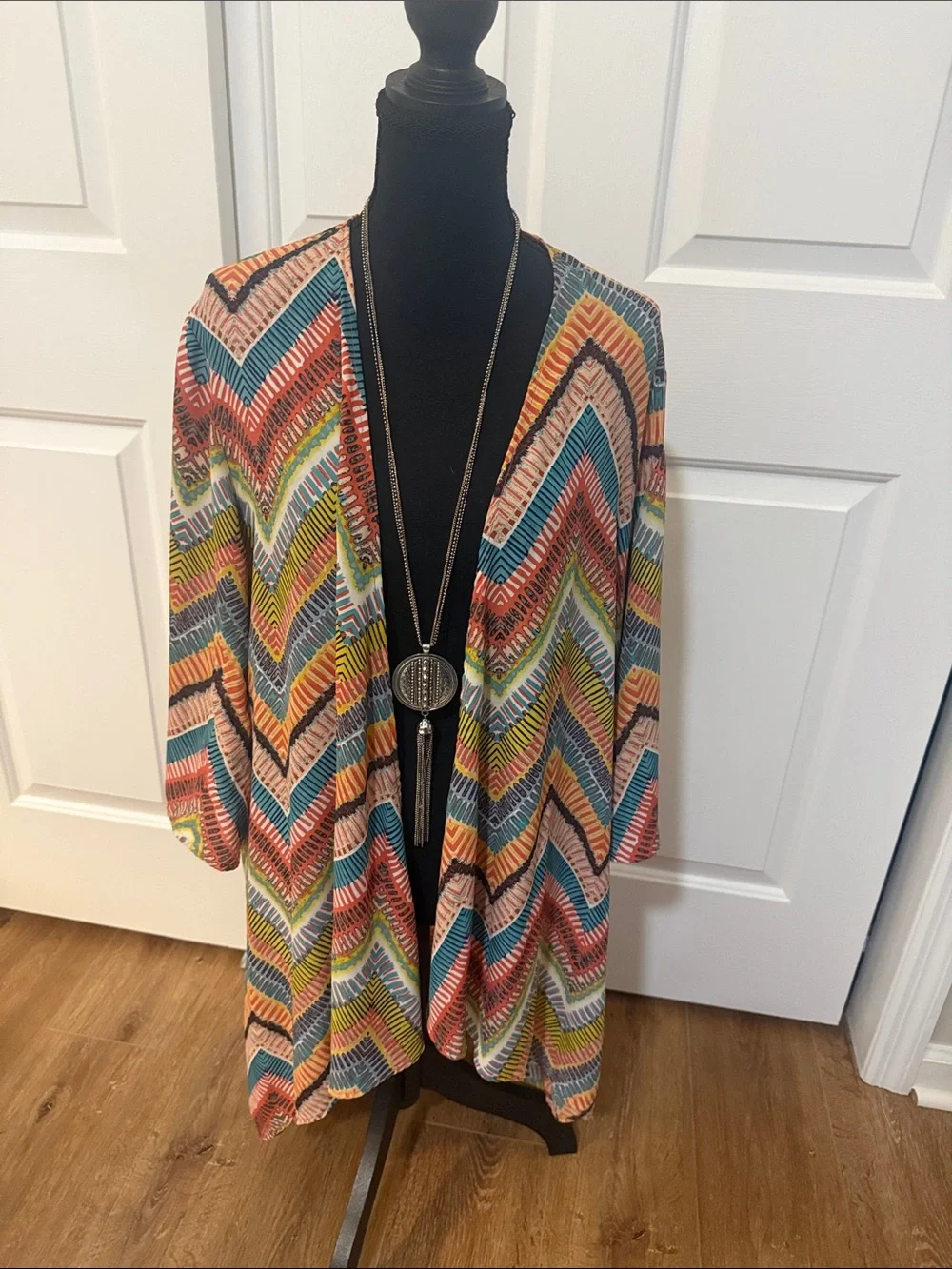 GC Collection Boho Hippie 70s Multicolor Geometric Open Cardigan Kimono - Picture 1 of 6